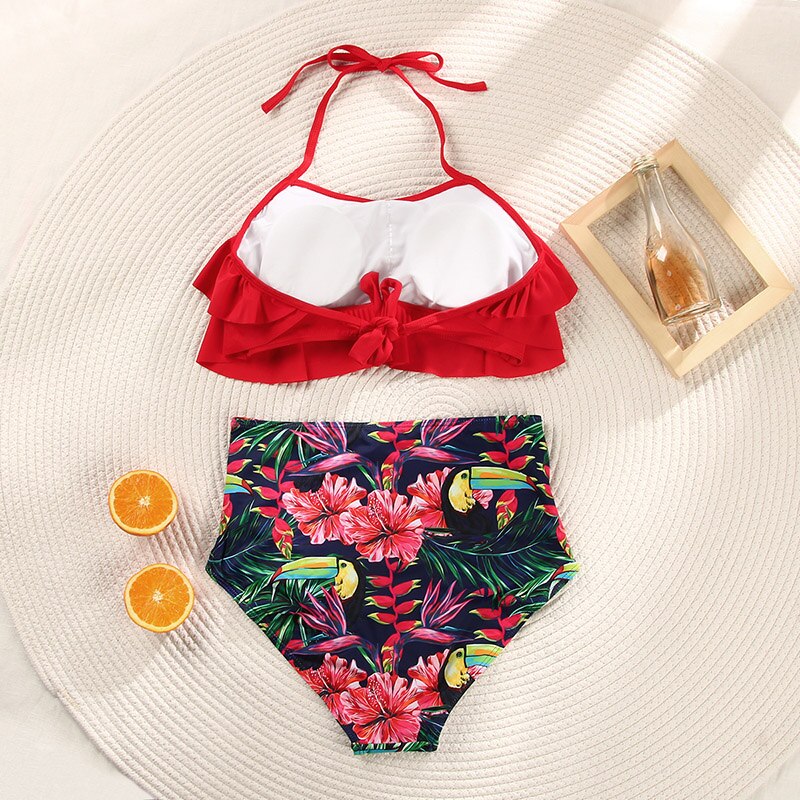 Miyouj Deep V Neck Bikini Floral Print Swimsuit Biquinis Feminino NEW Bow Swimwear Lace Up Bikini Set Bathing Suit Women Bikins