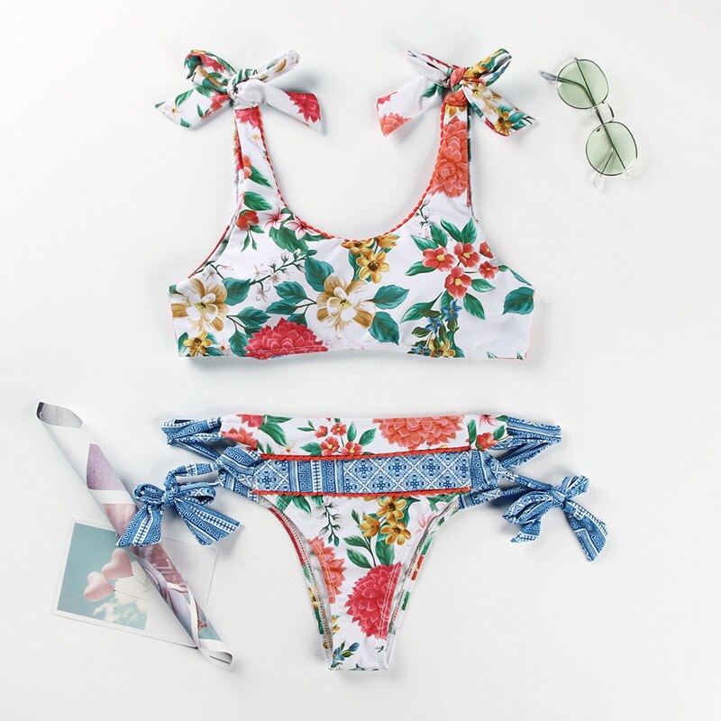Miyouj Deep V Neck Bikini Floral Print Swimsuit Biquinis Feminino NEW Bow Swimwear Lace Up Bikini Set Bathing Suit Women Bikins