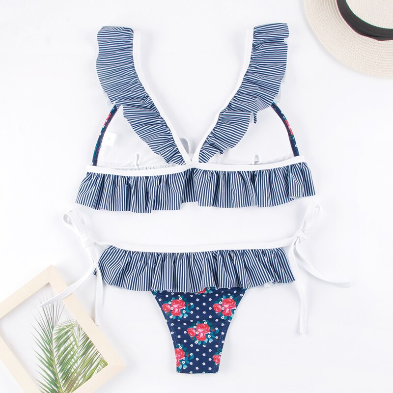 Miyouj Deep V Neck Bikini Floral Print Swimsuit Biquinis Feminino NEW Bow Swimwear Lace Up Bikini Set Bathing Suit Women Bikins