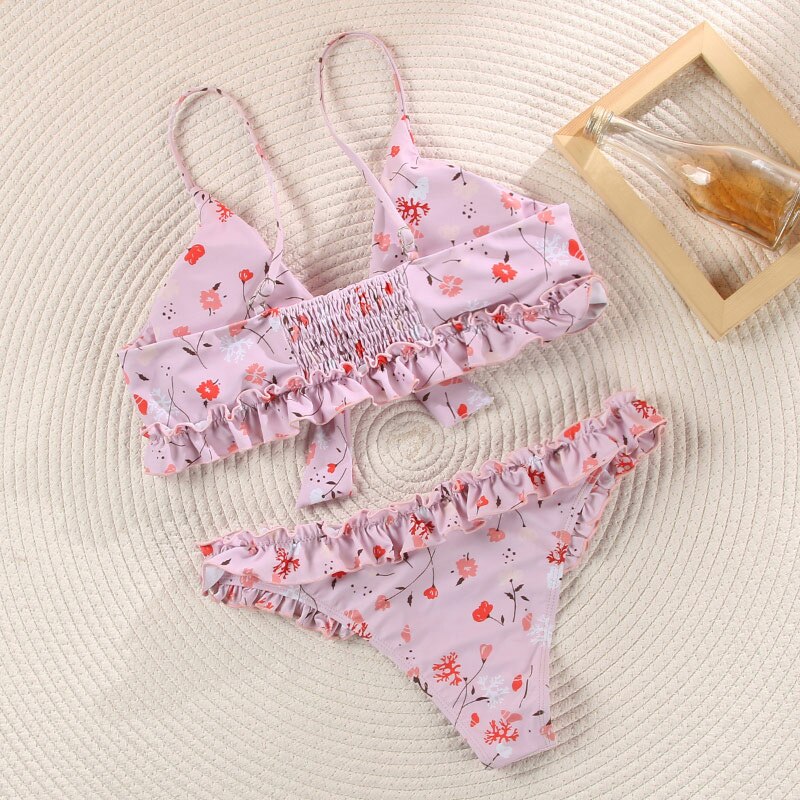 Miyouj Deep V Neck Bikini Floral Print Swimsuit Biquinis Feminino NEW Bow Swimwear Lace Up Bikini Set Bathing Suit Women Bikins