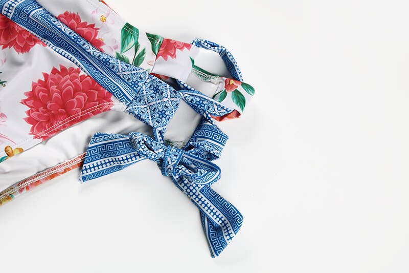 Miyouj Deep V Neck Bikini Floral Print Swimsuit Biquinis Feminino NEW Bow Swimwear Lace Up Bikini Set Bathing Suit Women Bikins