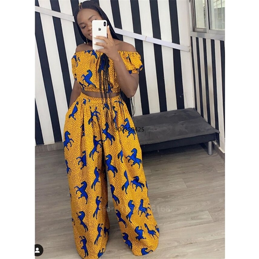 Hot Sale 2020 African Dresses for Women Shoulder Top Pant Suit Wide Leg Trousers Ankara Robe Africaine Sexy Ladies Dashiki Print Hot Sale 2020 African Dresses for Women Shoulder Top Pant Suit Wide Leg Trousers Ankara Robe Africaine Sexy Ladies Dashiki Print