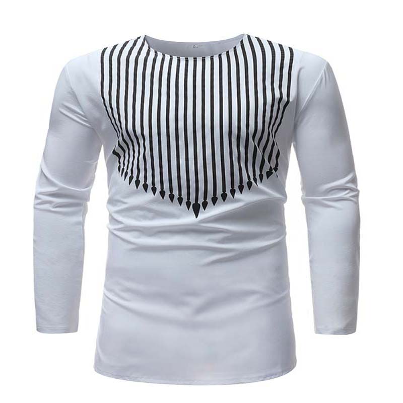 African Dashiki Man Long Sleeves T Shirt O Neck White Striped African Tops for Man Long Shirt Traditional Nigerian Men Clothes