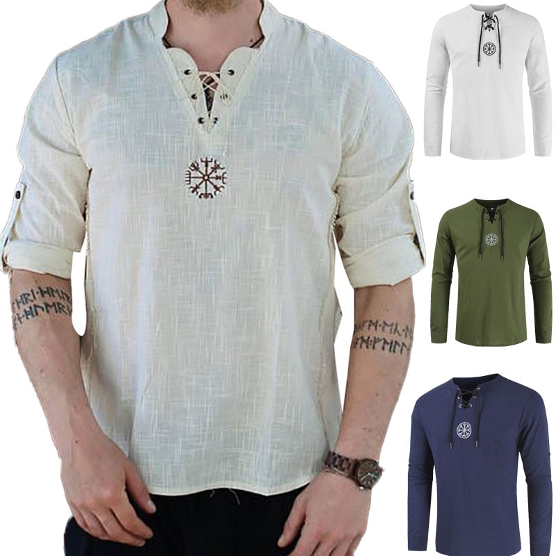 Medieval Viking Pirate Linen Top Shirt Costume Renaissance Mens Nordic Retro T-shirt Beard Cosplay Tee Lace-Up For Adult Belted Medieval Viking Pirate Linen Top Shirt Costume Renaissance Mens Nordic Retro T-shirt Beard Cosplay Tee Lace-Up For Adult Belted