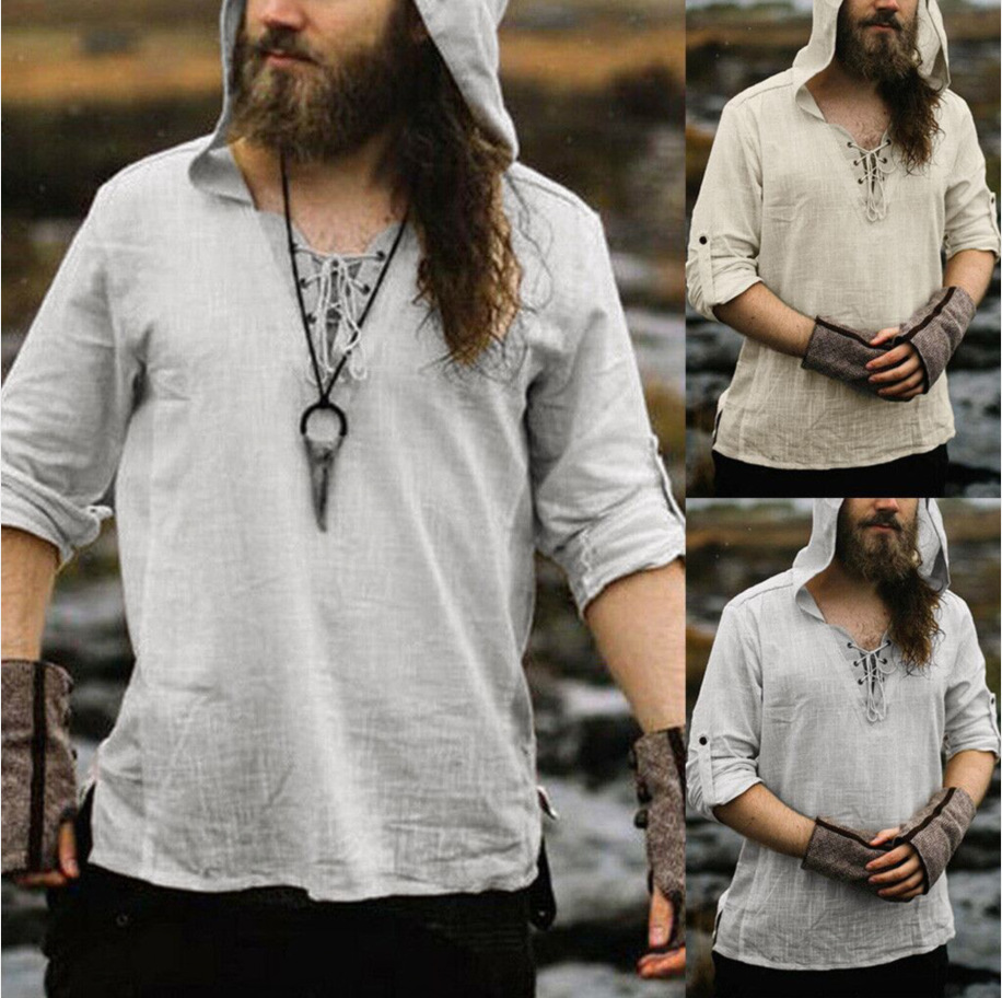 Shirt Hood Pagan Vegvisir Viking Man Natural Cotton Linen Medieval Costume Lace Up Shirt Tops Short Sleeves Solid For Adult Shirt Hood Pagan Vegvisir Viking Man Natural Cotton Linen Medieval Costume Lace Up Shirt Tops Short Sleeves Solid For Adult