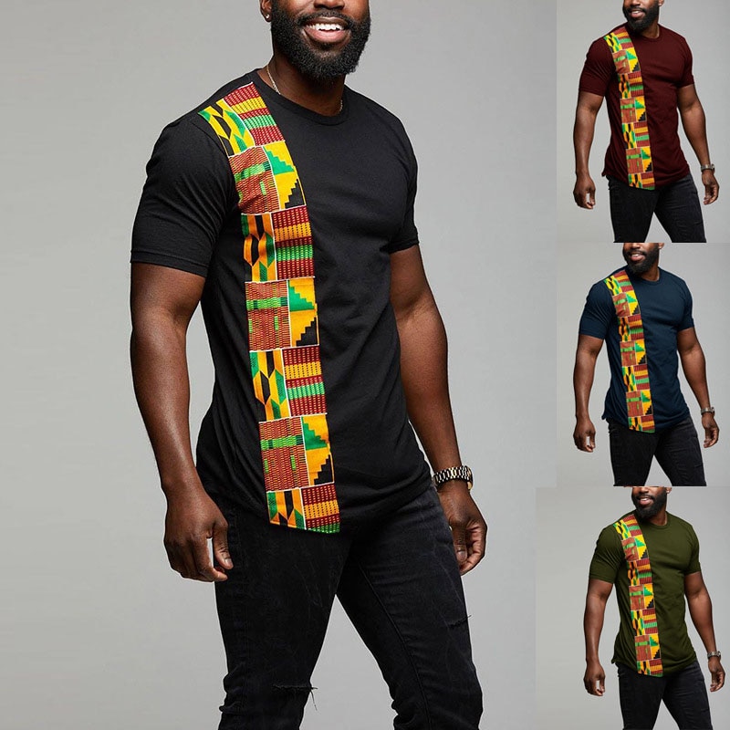 African Kente T Shirt Patchwork Color Print Top Wear Mens Ankara Style Panel Tees O Neck Kitenge For Men Short Sleeves Black African Kente T Shirt Patchwork Color Print Top Wear Mens Ankara Style Panel Tees O Neck Kitenge For Men Short Sleeves Black