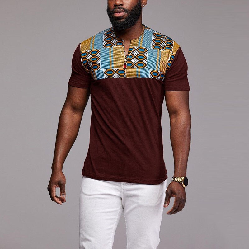 S-5XL Patchwork Kente T-Shirt Short Sleeve Mens African Print Tops Cut Sew Tees Shirt V Cut Neck Wear For Men Black Plus Size S-5XL Patchwork Kente T-Shirt Short Sleeve Mens African Print Tops Cut Sew Tees Shirt V Cut Neck Wear For Men Black Plus Size
