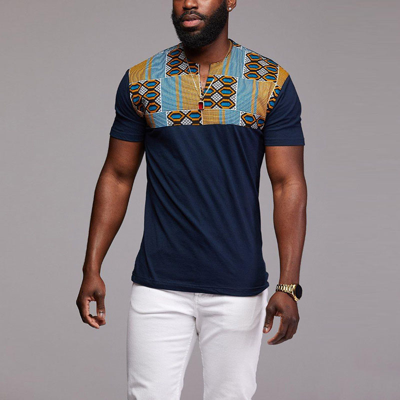 S-5XL Patchwork Kente T-Shirt Short Sleeve Mens African Print Tops Cut Sew Tees Shirt V Cut Neck Wear For Men Black Plus Size S-5XL Patchwork Kente T-Shirt Short Sleeve Mens African Print Tops Cut Sew Tees Shirt V Cut Neck Wear For Men Black Plus Size