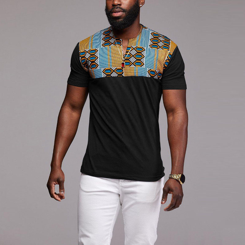 S-5XL Patchwork Kente T-Shirt Short Sleeve Mens African Print Tops Cut Sew Tees Shirt V Cut Neck Wear For Men Black Plus Size S-5XL Patchwork Kente T-Shirt Short Sleeve Mens African Print Tops Cut Sew Tees Shirt V Cut Neck Wear For Men Black Plus Size