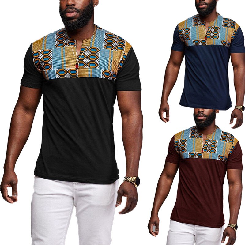 S-5XL Patchwork Kente T-Shirt Short Sleeve Mens African Print Tops Cut Sew Tees Shirt V Cut Neck Wear For Men Black Plus Size S-5XL Patchwork Kente T-Shirt Short Sleeve Mens African Print Tops Cut Sew Tees Shirt V Cut Neck Wear For Men Black Plus Size