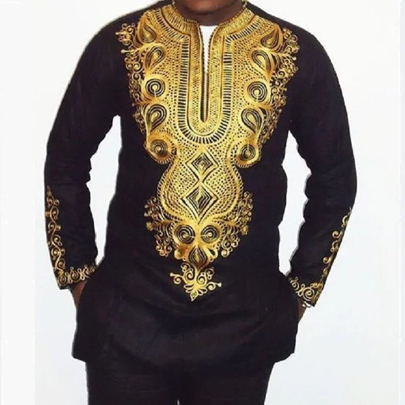 Men African Tribal Shirt Men Dashiki Sleeves Printed Golden Black Split Top Traditional Wedding Tunic Pullover Shirt For Men Men African Tribal Shirt Men Dashiki Sleeves Printed Golden Black Split Top Traditional Wedding Tunic Pullover Shirt For Men