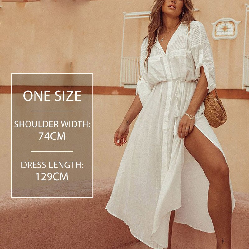 Miyouj Sexy Deep V Neck Beach Cover Up Middle Sleeve Maxi Dress Women Bathing Suit Summer Long Beach Dress Plus Size Beachwear
