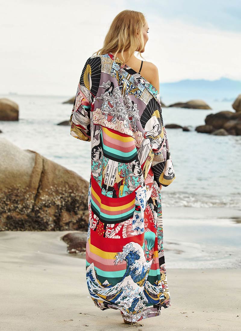 Miyouj Sexy Deep V Neck Beach Cover Up Middle Sleeve Maxi Dress Women Bathing Suit Summer Long Beach Dress Plus Size Beachwear