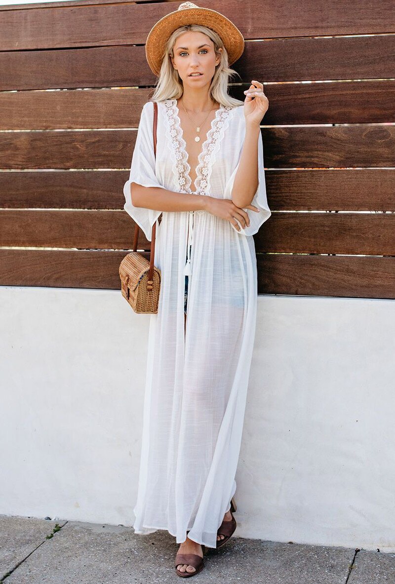 Miyouj Sexy Deep V Neck Beach Cover Up Middle Sleeve Maxi Dress Women Bathing Suit Summer Long Beach Dress Plus Size Beachwear