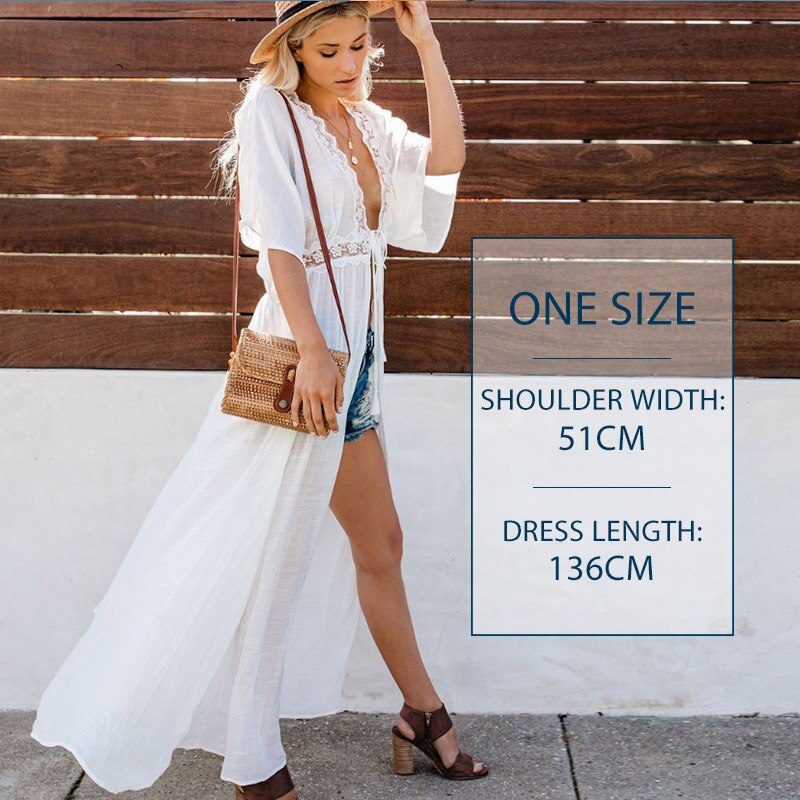 Miyouj Sexy Deep V Neck Beach Cover Up Middle Sleeve Maxi Dress Women Bathing Suit Summer Long Beach Dress Plus Size Beachwear