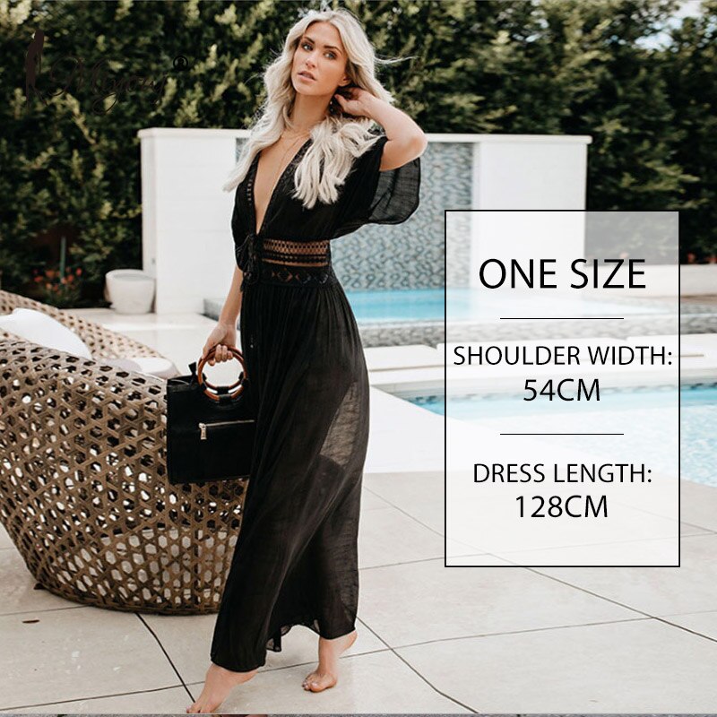 Miyouj Sexy Deep V Neck Beach Cover Up Middle Sleeve Maxi Dress Women Bathing Suit Summer Long Beach Dress Plus Size Beachwear