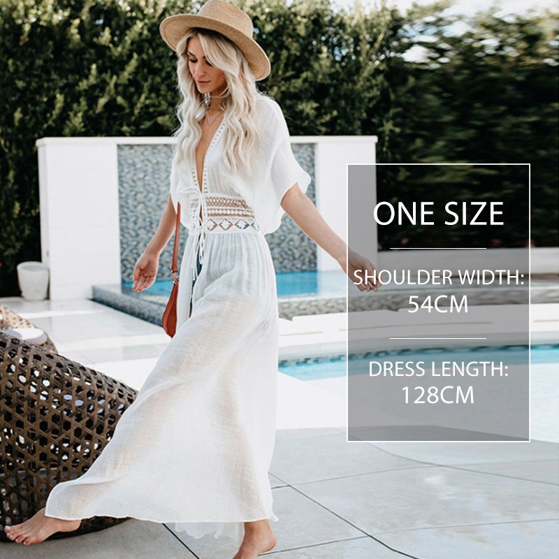 Miyouj Sexy Deep V Neck Beach Cover Up Middle Sleeve Maxi Dress Women Bathing Suit Summer Long Beach Dress Plus Size Beachwear