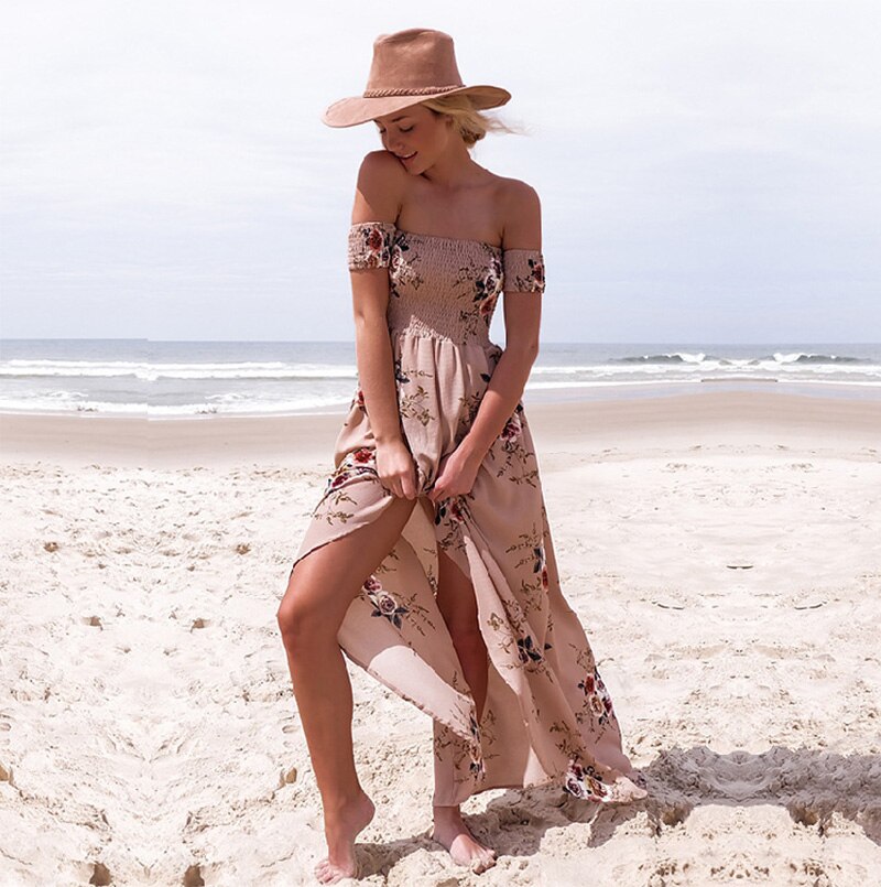 Miyouj Off Shoulder Beach Dress Women Bathing Suit Boho Style Bandeau Long Dresses Print White Chiffon Beachwear Summer Vestido