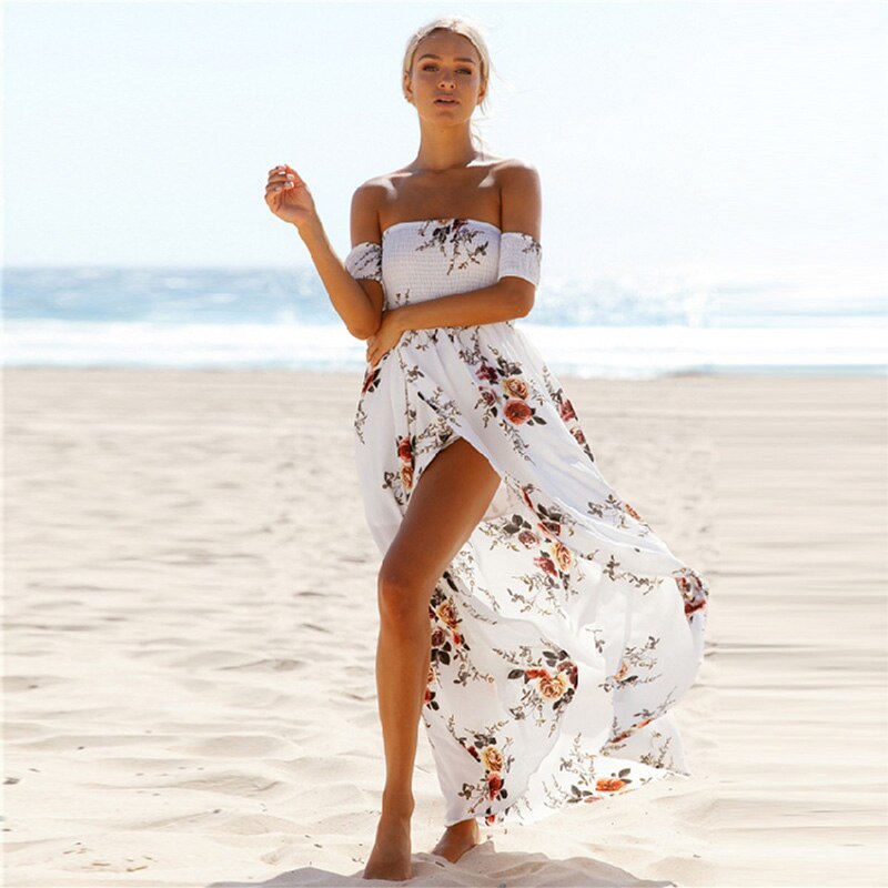Miyouj Off Shoulder Beach Dress Women Bathing Suit Boho Style Bandeau Long Dresses Print White Chiffon Beachwear Summer Vestido