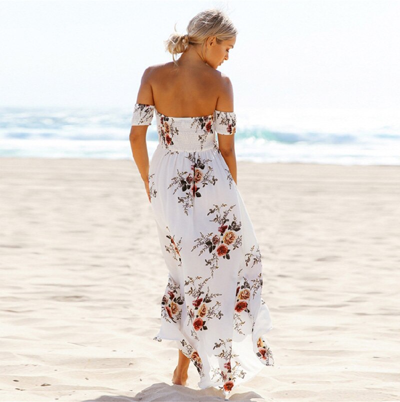Miyouj Off Shoulder Beach Dress Women Bathing Suit Boho Style Bandeau Long Dresses Print White Chiffon Beachwear Summer Vestido