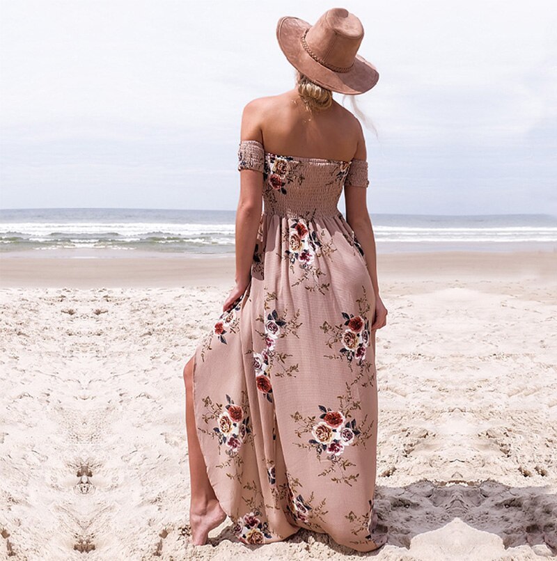 Miyouj Off Shoulder Beach Dress Women Bathing Suit Boho Style Bandeau Long Dresses Print White Chiffon Beachwear Summer Vestido