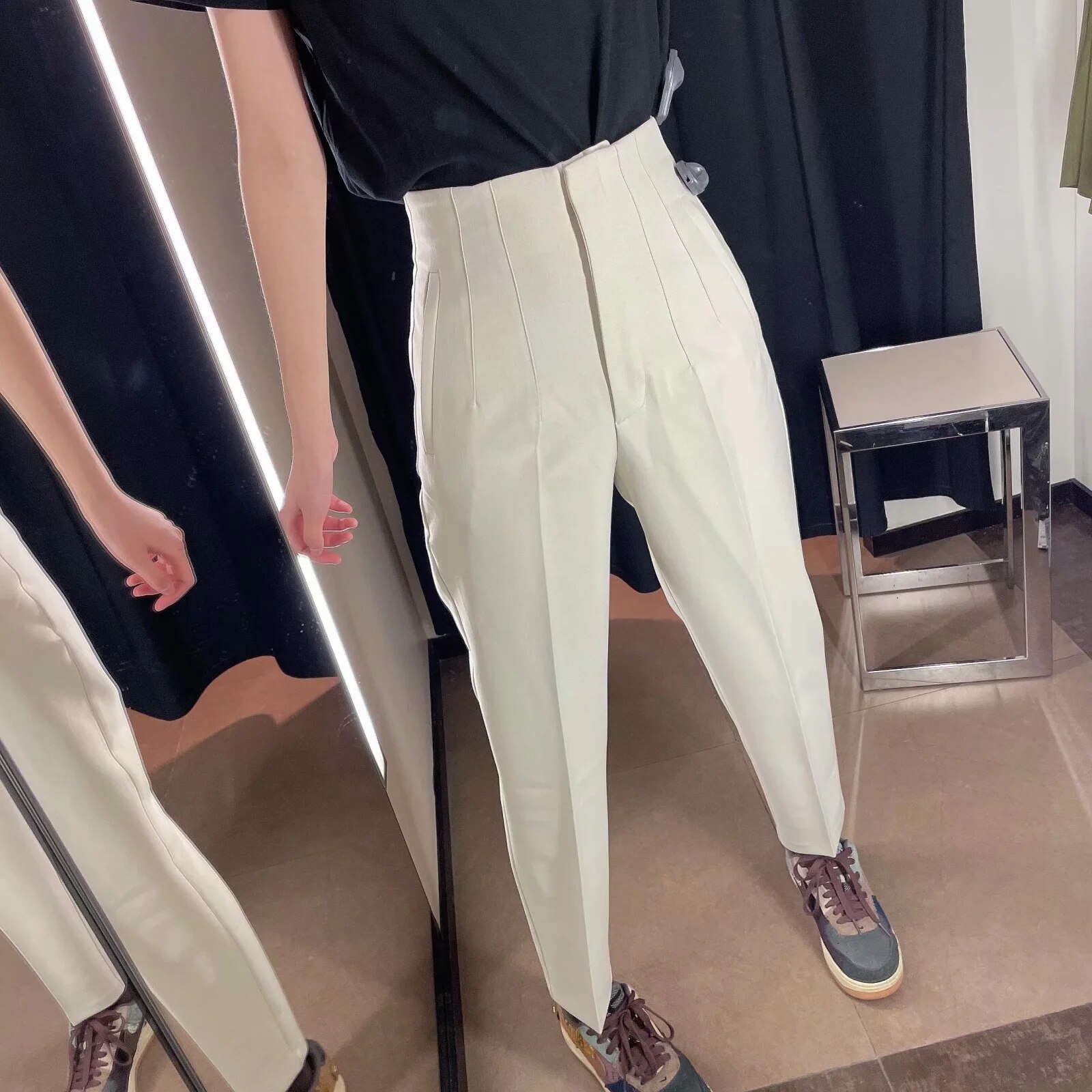 Za 2021 Spring Trouser Suits High Waisted Pants Women Fashion Office Beige Pants Chic Button Zip Elegant Pink Casual Woman Pants