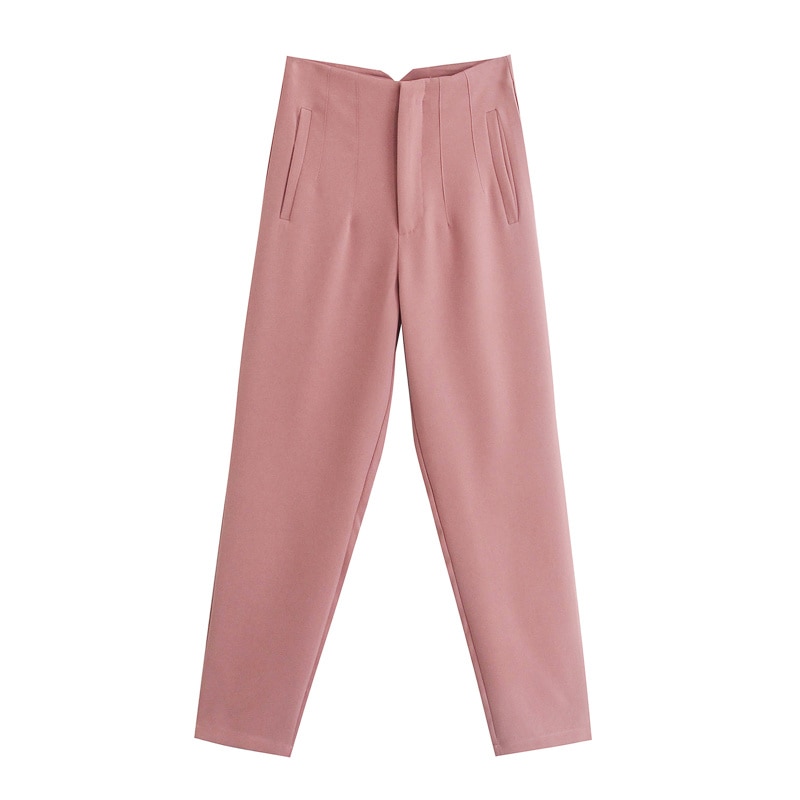 Za 2021 Spring Trouser Suits High Waisted Pants Women Fashion Office Beige Pants Chic Button Zip Elegant Pink Casual Woman Pants