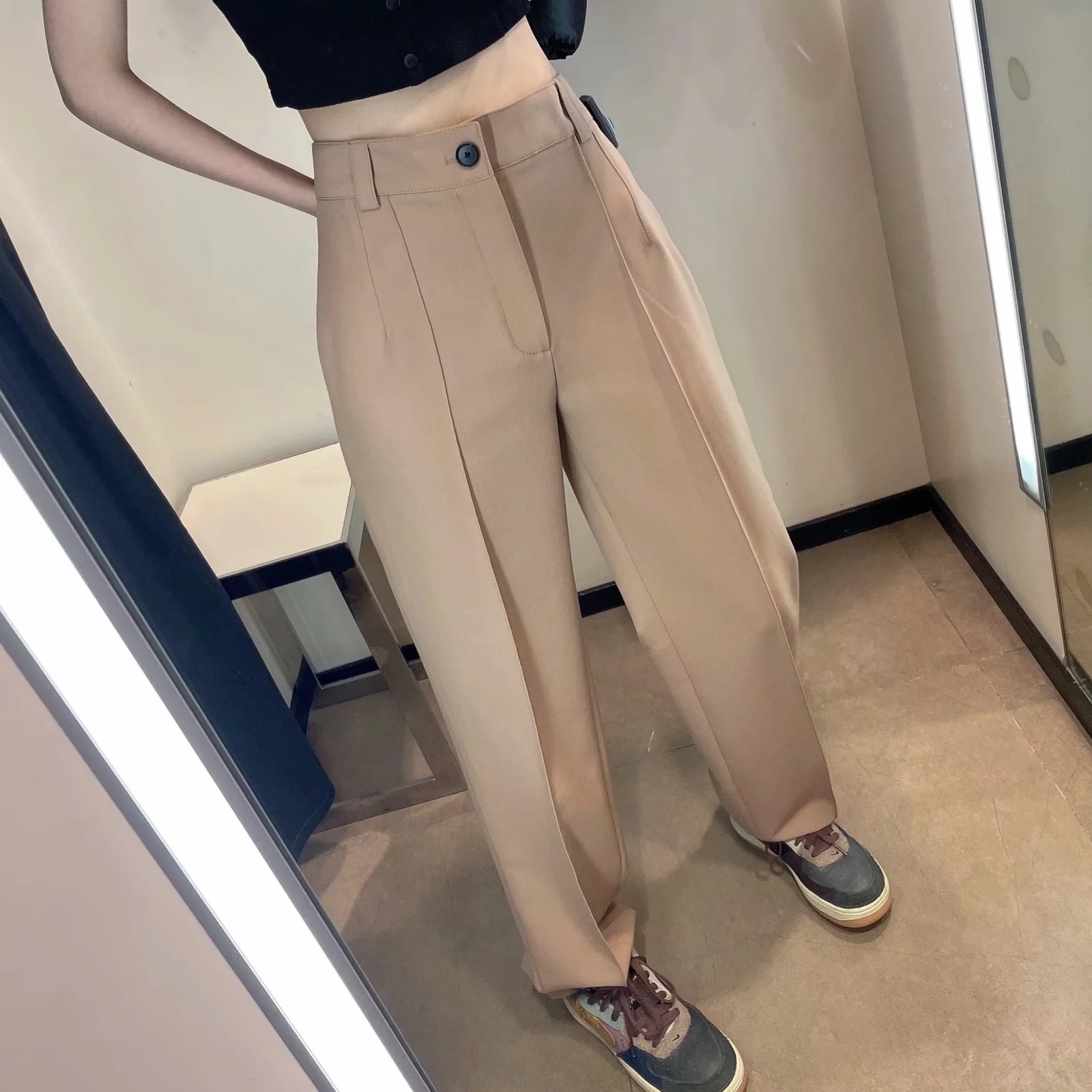Za 2021 Spring Trouser Suits High Waisted Pants Women Fashion Office Beige Pants Chic Button Zip Elegant Pink Casual Woman Pants