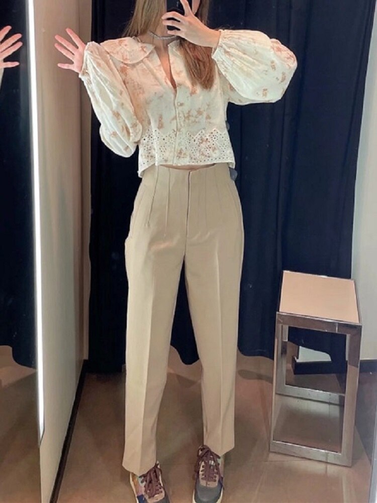 Za 2021 Spring Trouser Suits High Waisted Pants Women Fashion Office Beige Pants Chic Button Zip Elegant Pink Casual Woman Pants