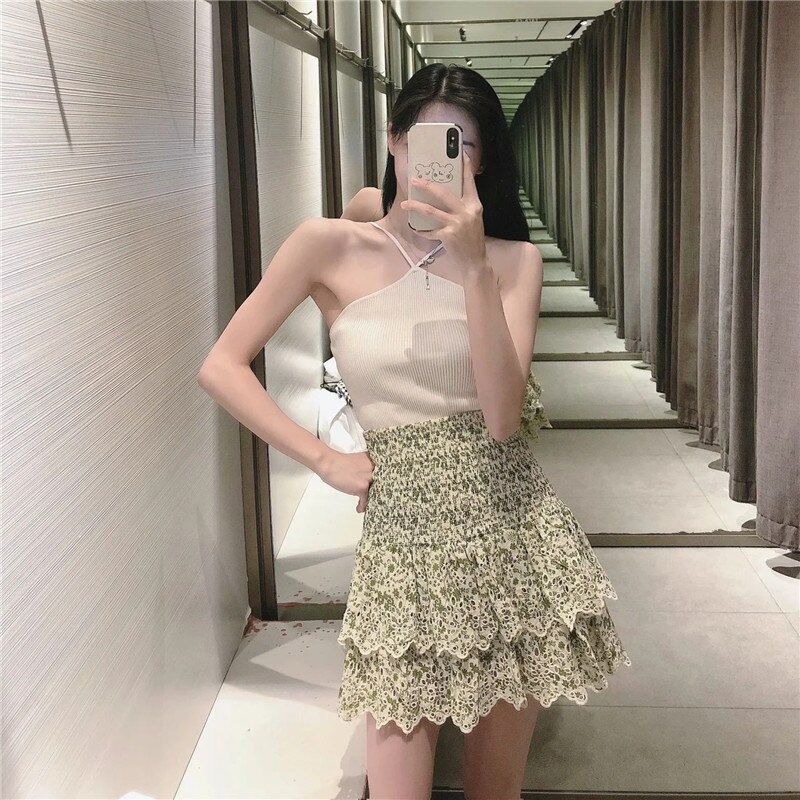 Za Women 2021 Beige Knit Crop Corset Top Woman Hollow Out Sexy Top On Thin Straps Tank Tops Basic Backless Summer Tops For Girls