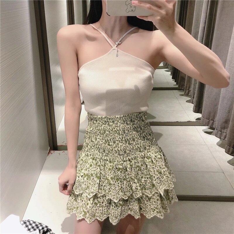 Za Women 2021 Beige Knit Crop Corset Top Woman Hollow Out Sexy Top On Thin Straps Tank Tops Basic Backless Summer Tops For Girls