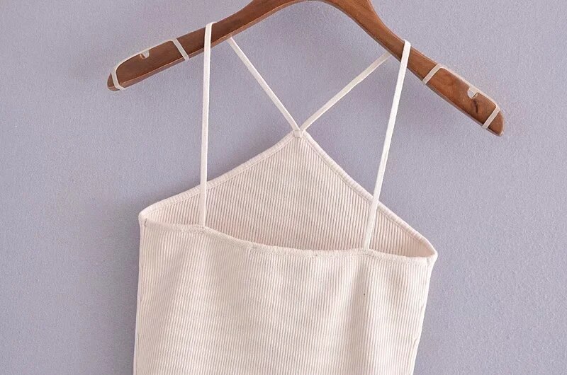 Za Women 2021 Beige Knit Crop Corset Top Woman Hollow Out Sexy Top On Thin Straps Tank Tops Basic Backless Summer Tops For Girls