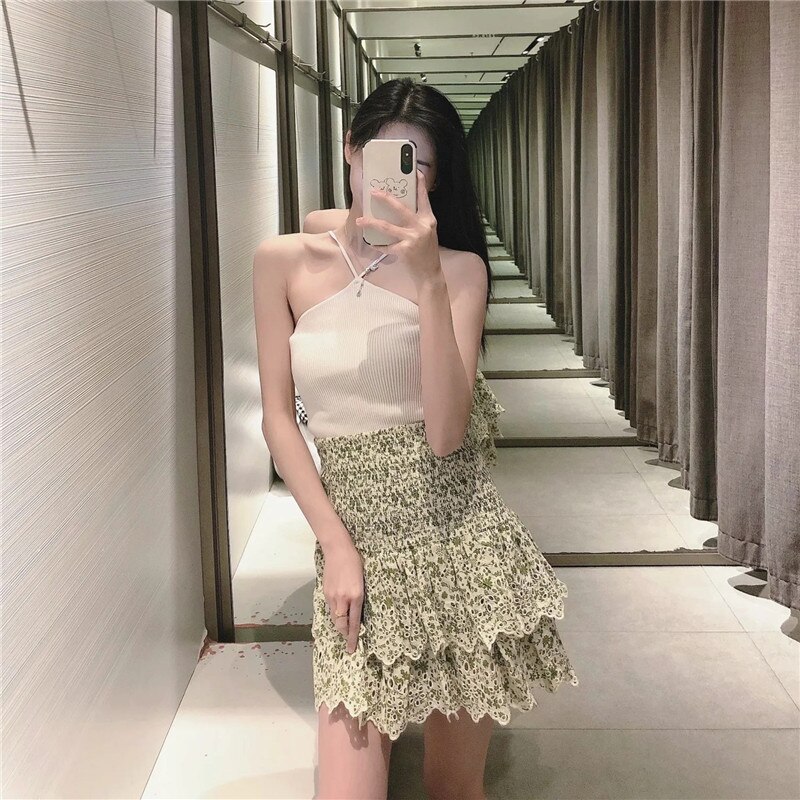 Za Women 2021 Beige Knit Crop Corset Top Woman Hollow Out Sexy Top On Thin Straps Tank Tops Basic Backless Summer Tops For Girls