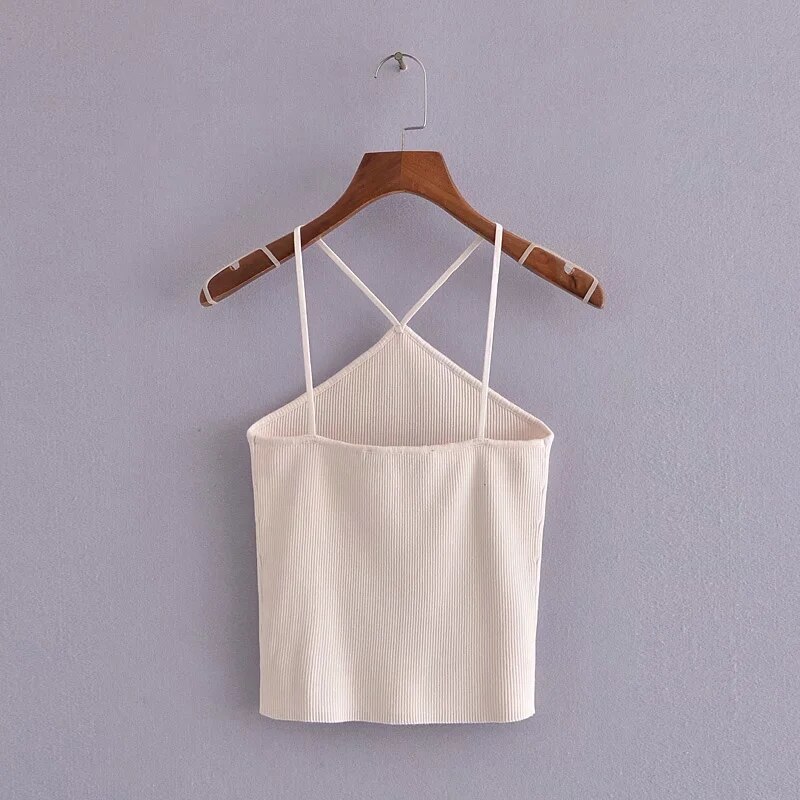 Za Women 2021 Beige Knit Crop Corset Top Woman Hollow Out Sexy Top On Thin Straps Tank Tops Basic Backless Summer Tops For Girls