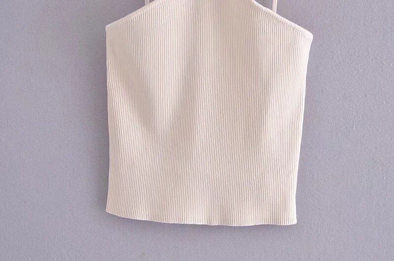Za Women 2021 Beige Knit Crop Corset Top Woman Hollow Out Sexy Top On Thin Straps Tank Tops Basic Backless Summer Tops For Girls