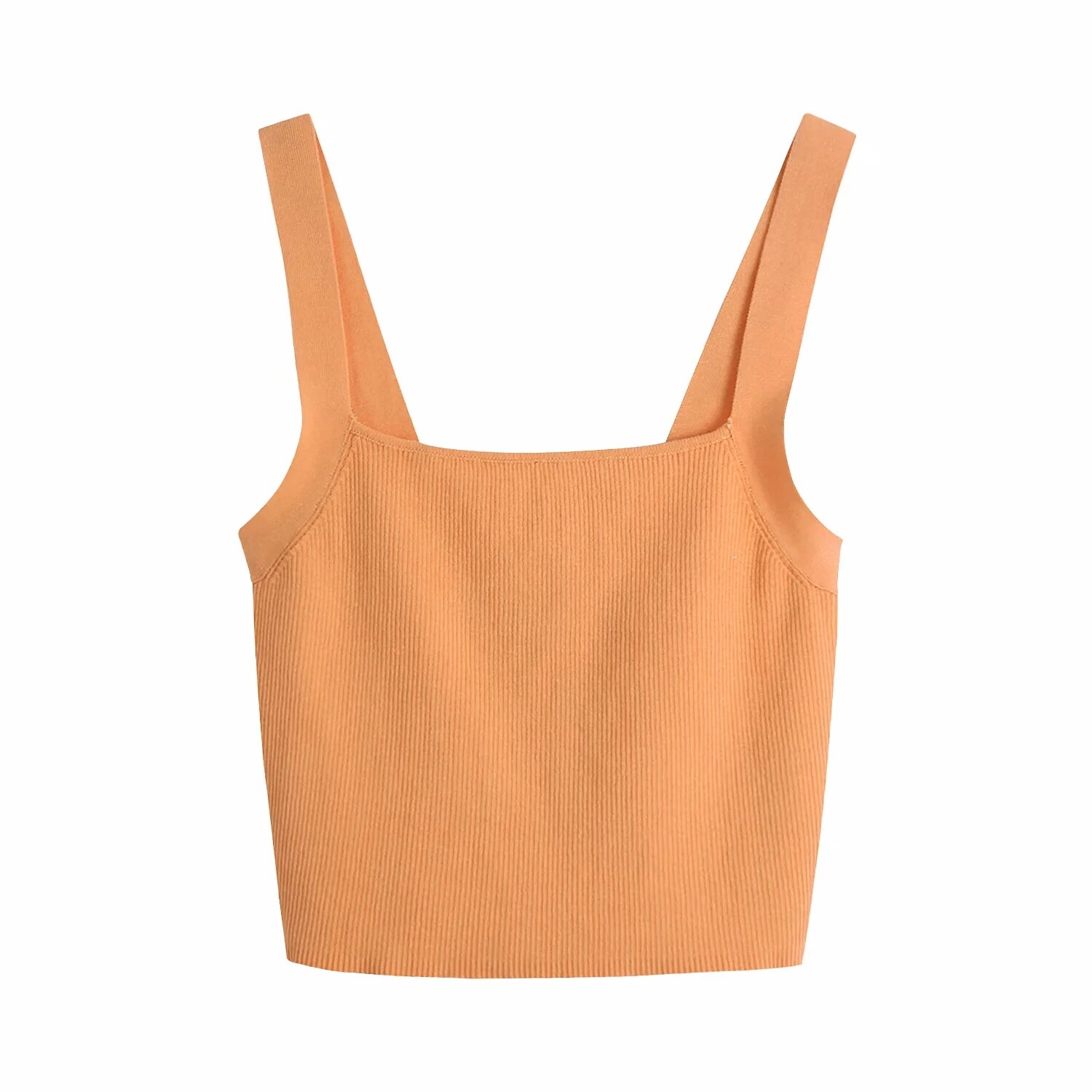 Za Women 2021 Summer Knitted Crop Top Woman Orange Fashion Slim Basic Tank Tops Female Casual Square Neck Wide Straps Camis