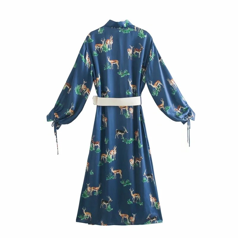 Za 2020 Women Dress Blue Animal Print Satin Woman Dress Vintage Puff Long Sleeve Winter White Belt Elegant Long Ladies Dresses