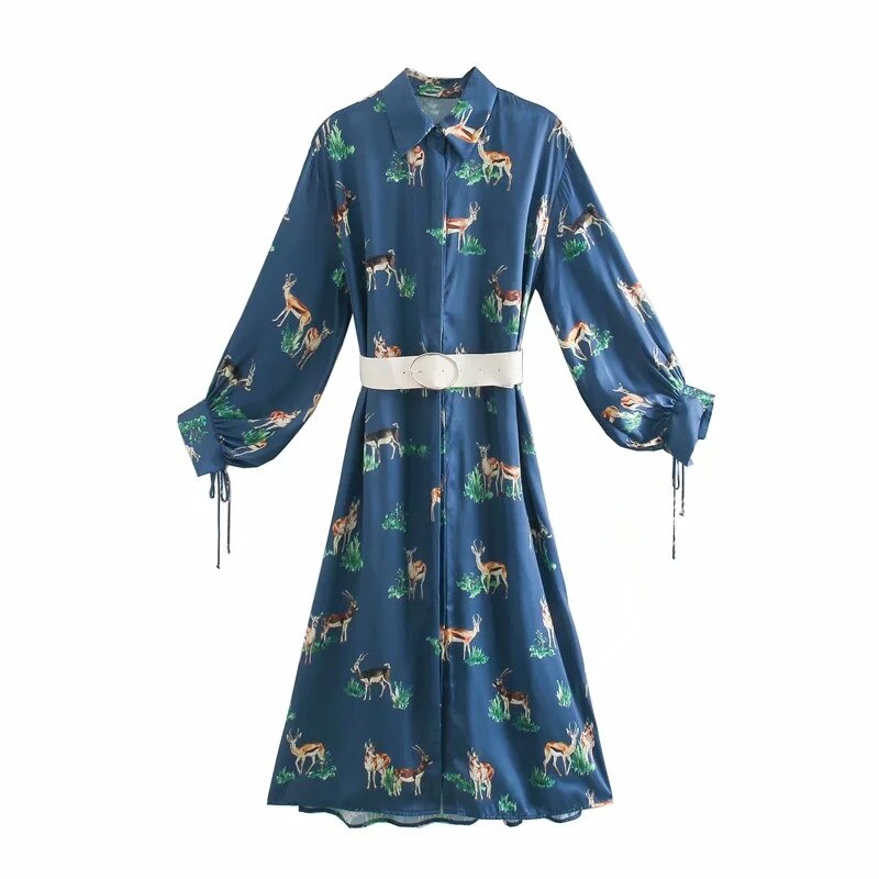 Za 2020 Women Dress Blue Animal Print Satin Woman Dress Vintage Puff Long Sleeve Winter White Belt Elegant Long Ladies Dresses