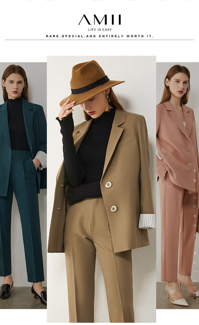AMII Minimalism Spring Women's Suit Offical Lady Spliced Lapel Single-breasted Suit Coat Solid High Waist Female Pants 12020250