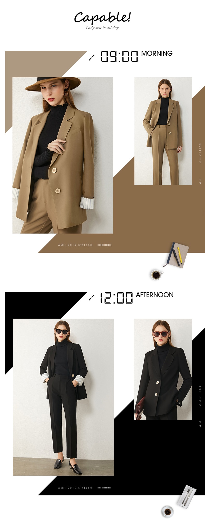 AMII Minimalism Spring Women's Suit Offical Lady Spliced Lapel Single-breasted Suit Coat Solid High Waist Female Pants 12020250