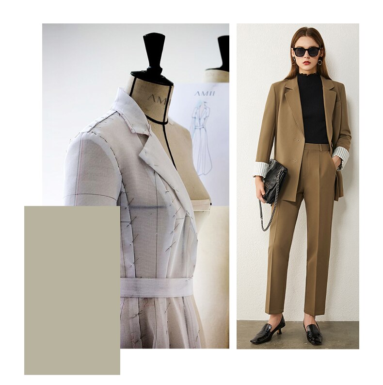 AMII Minimalism Spring Women's Suit Offical Lady Spliced Lapel Single-breasted Suit Coat Solid High Waist Female Pants 12020250