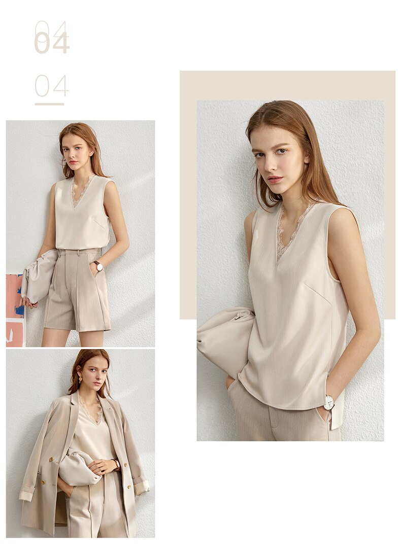 Amii Minimalism Spring Suit Female Offical Lady Blazer Women,Lace Vneck Tanks,High Waist Women's pants Female Shorts 12060909
