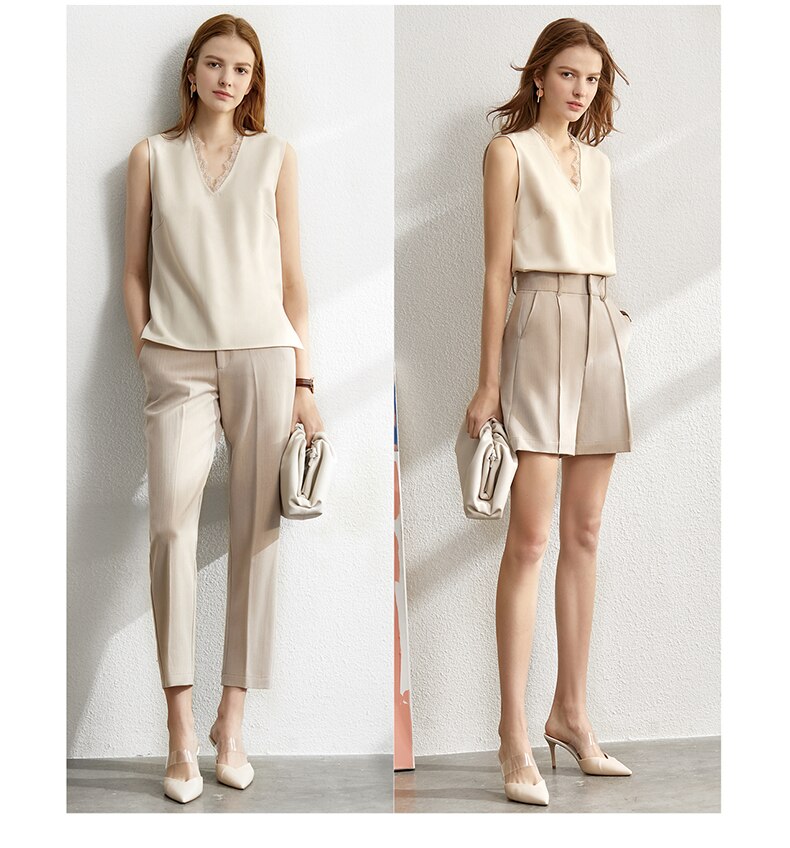 Amii Minimalism Spring Suit Female Offical Lady Blazer Women,Lace Vneck Tanks,High Waist Women's pants Female Shorts 12060909