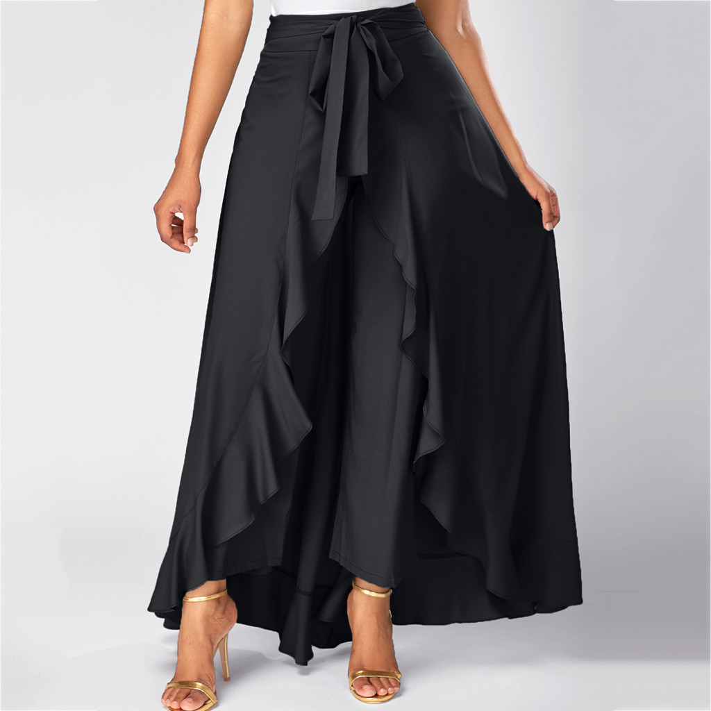 Women Ruffle Palazzo Pants High Waist Causal Drawstring Trouser Elegant Irregular Hem Pant Summer Loose Solid Female Pant Skirt