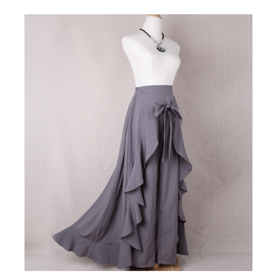 Women Ruffle Palazzo Pants High Waist Causal Drawstring Trouser Elegant Irregular Hem Pant Summer Loose Solid Female Pant Skirt