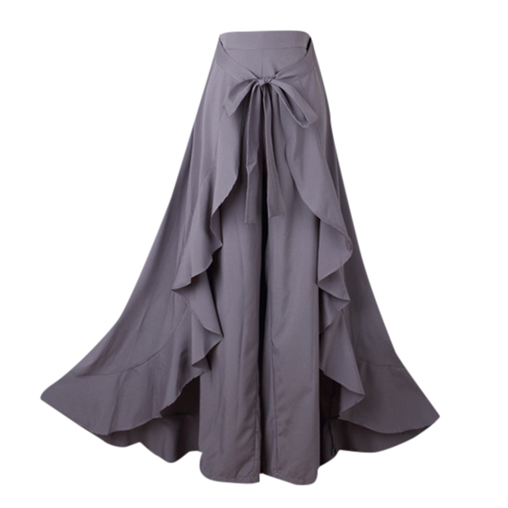 Women Ruffle Palazzo Pants High Waist Causal Drawstring Trouser Elegant Irregular Hem Pant Summer Loose Solid Female Pant Skirt