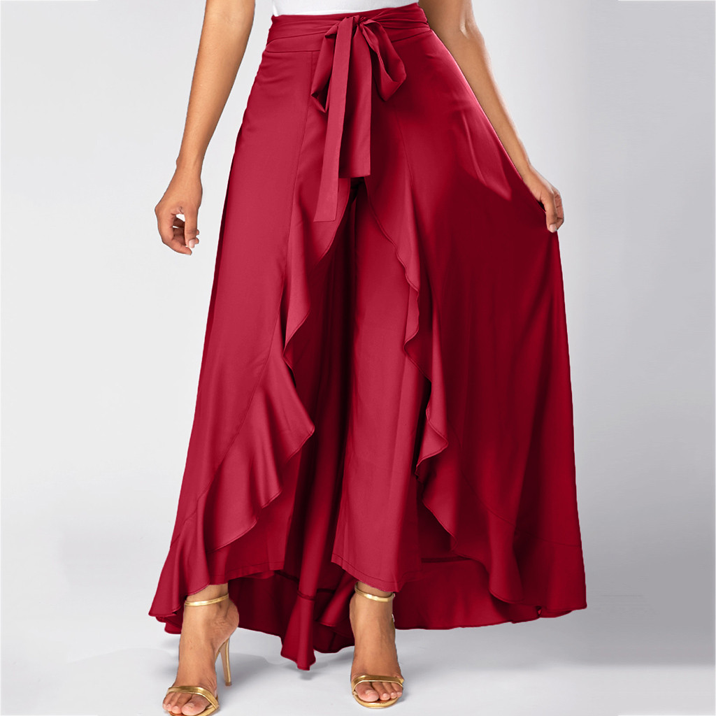 Women Ruffle Palazzo Pants High Waist Causal Drawstring Trouser Elegant Irregular Hem Pant Summer Loose Solid Female Pant Skirt
