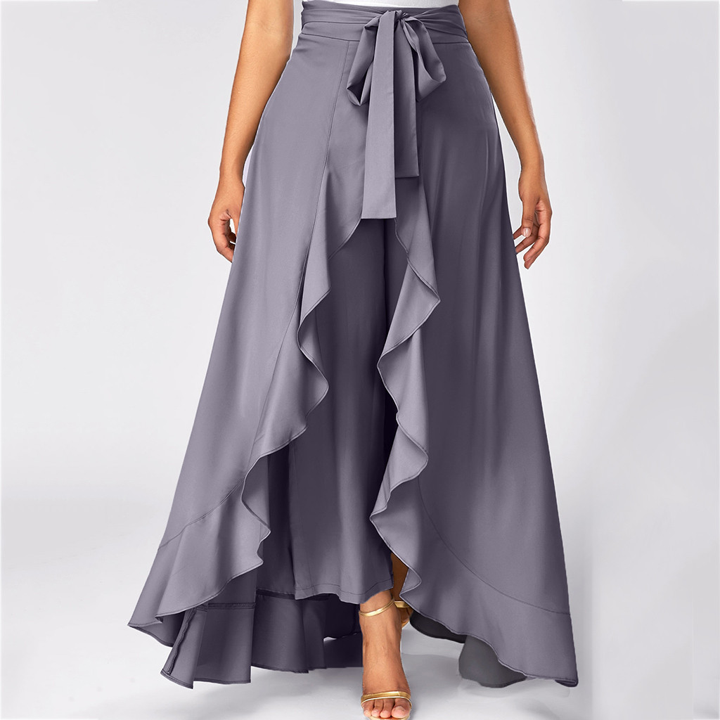 Women Ruffle Palazzo Pants High Waist Causal Drawstring Trouser Elegant Irregular Hem Pant Summer Loose Solid Female Pant Skirt