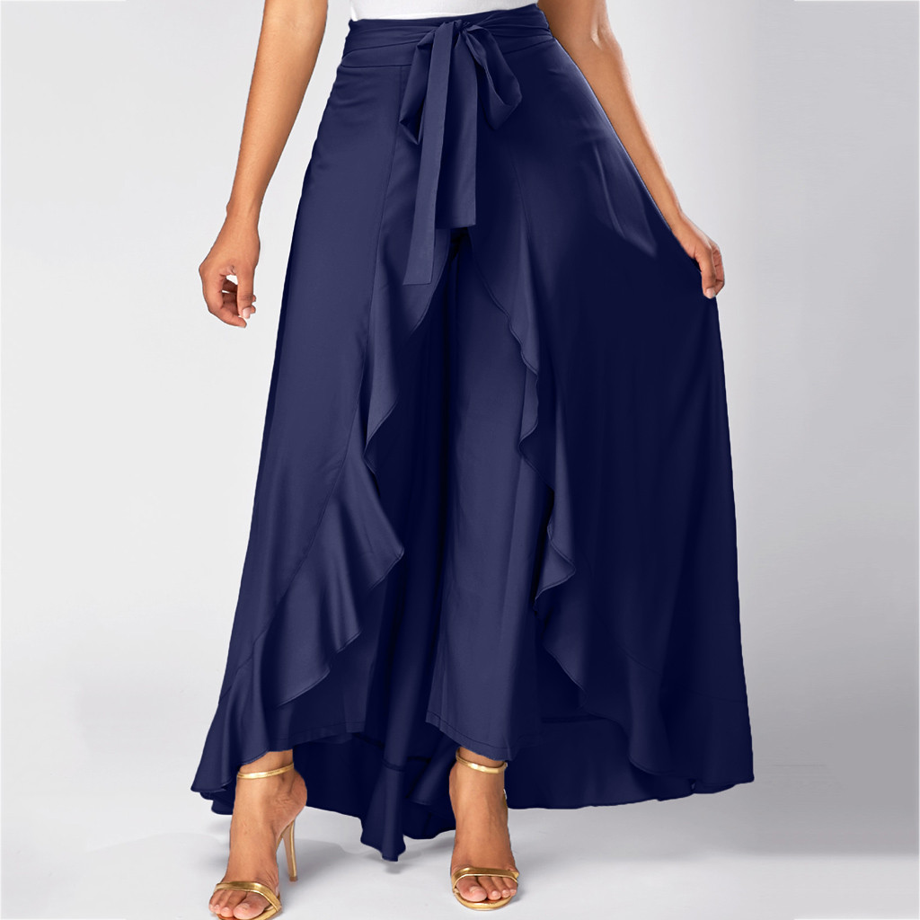 Women Ruffle Palazzo Pants High Waist Causal Drawstring Trouser Elegant Irregular Hem Pant Summer Loose Solid Female Pant Skirt
