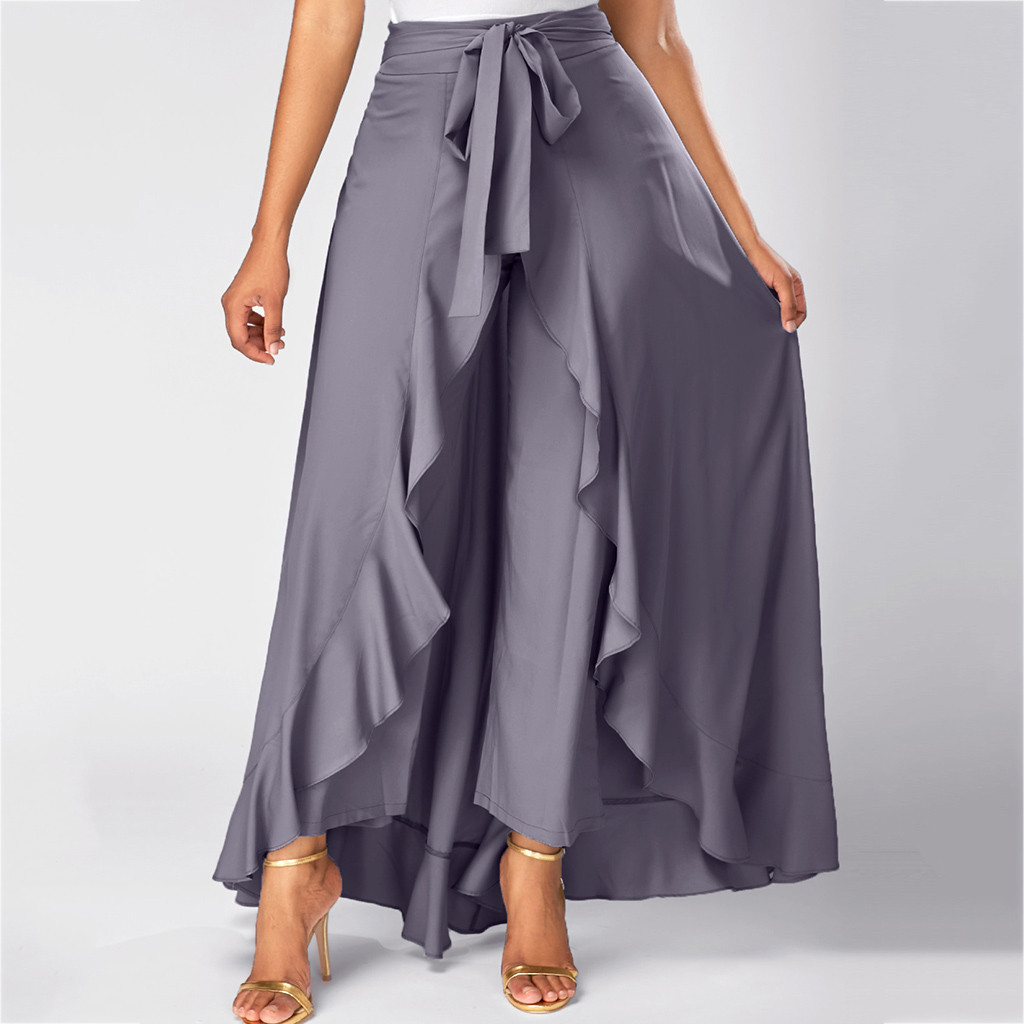 Women Ruffle Palazzo Pants High Waist Causal Drawstring Trouser Elegant Irregular Hem Pant Summer Loose Solid Female Pant Skirt